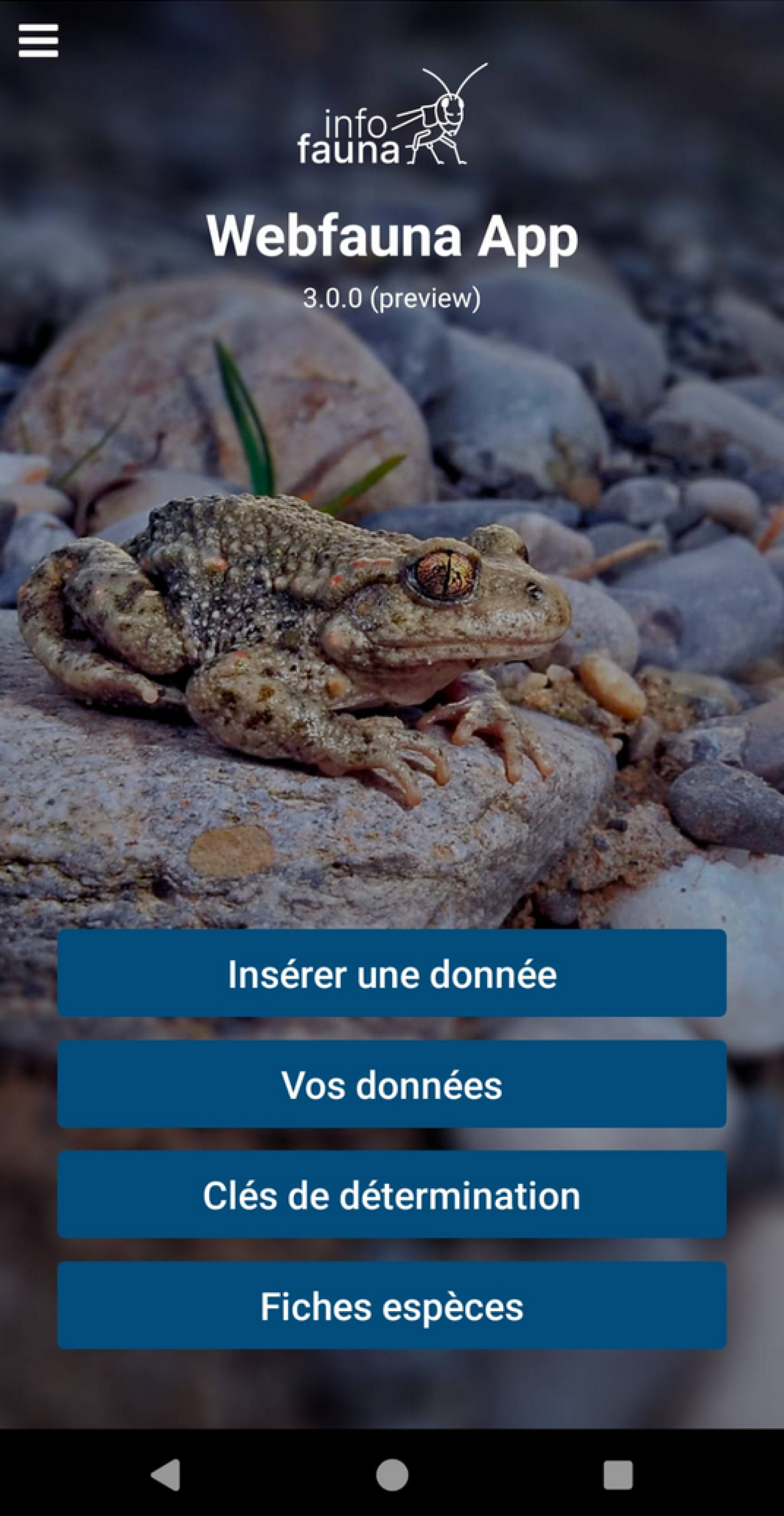 Page d'accueil de Webfauna App