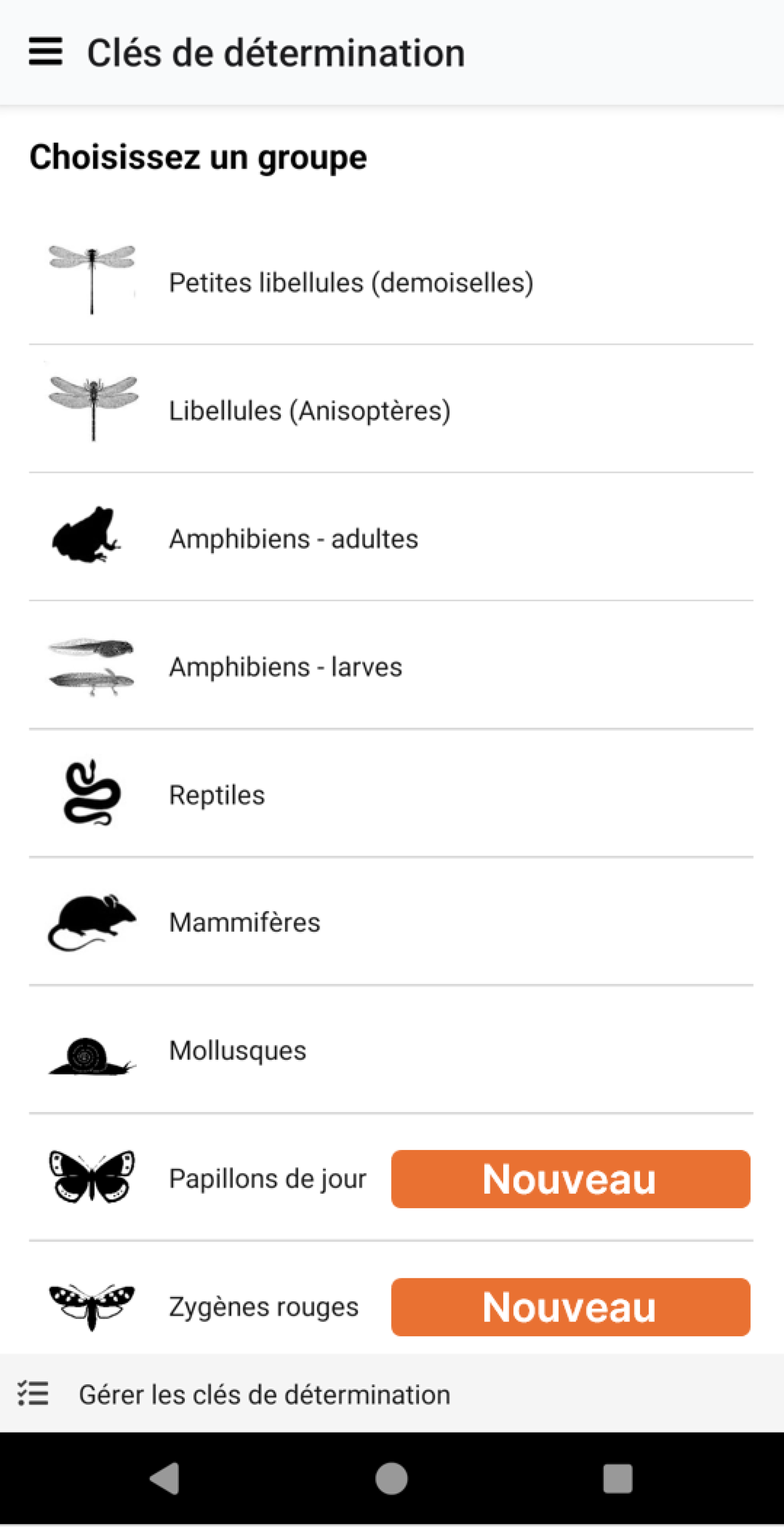 Liste avec les clés de détermination dans Webfauna App