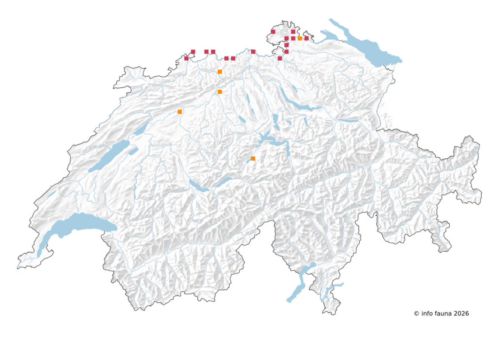 Carte des observations de Ephemerella notata en Suisse
